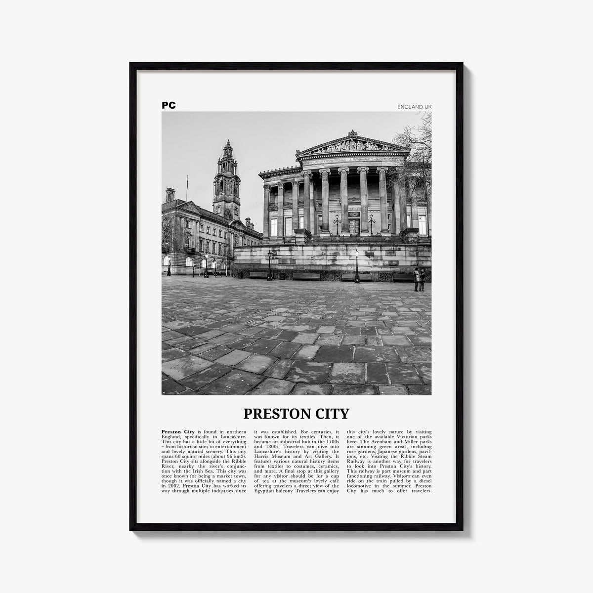 Preston no. 2 black & white newspaper poster of United Kingdom – vertical wall art, unframed print shown in interior mockup