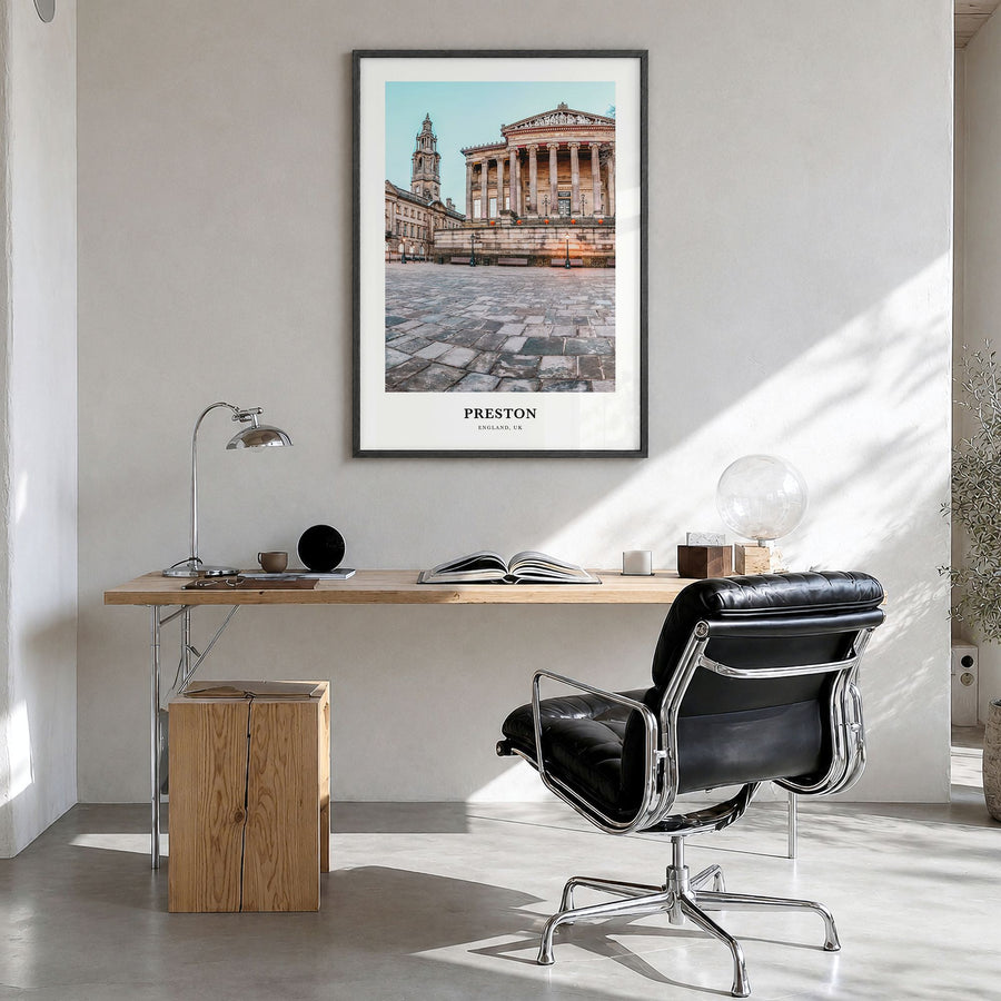 Preston Classic Poster in a black wood frame, hanging in a bright home office