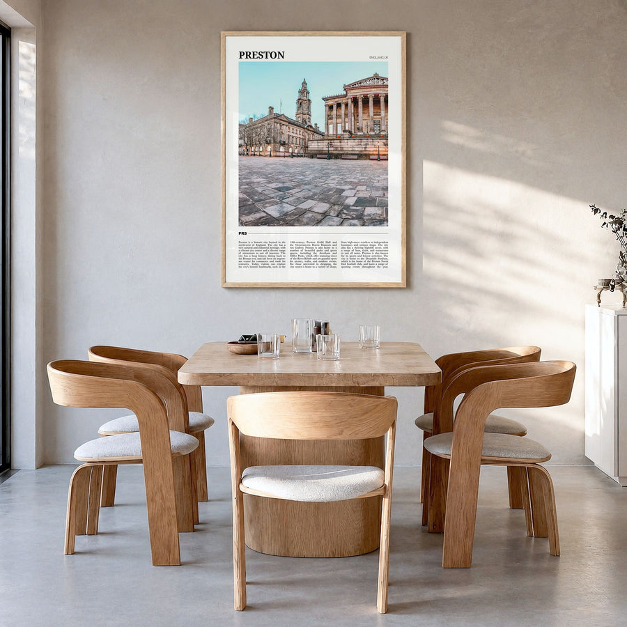 Preston Travel Poster in a natural wood frame, hanging in a dining room