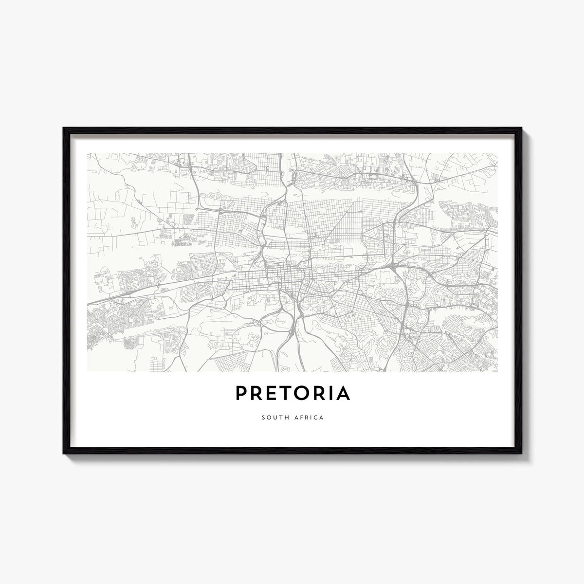 Pretoria black & white map poster of South Africa – horizontal wall art, unframed print shown in interior mockup