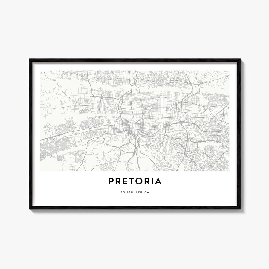 Pretoria black & white map poster of South Africa – horizontal wall art, unframed print shown in interior mockup