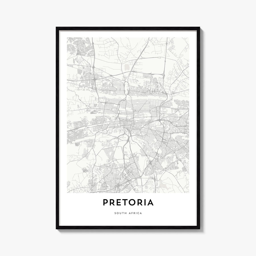 Pretoria black & white map poster of South Africa – vertical wall art, unframed print shown in interior mockup