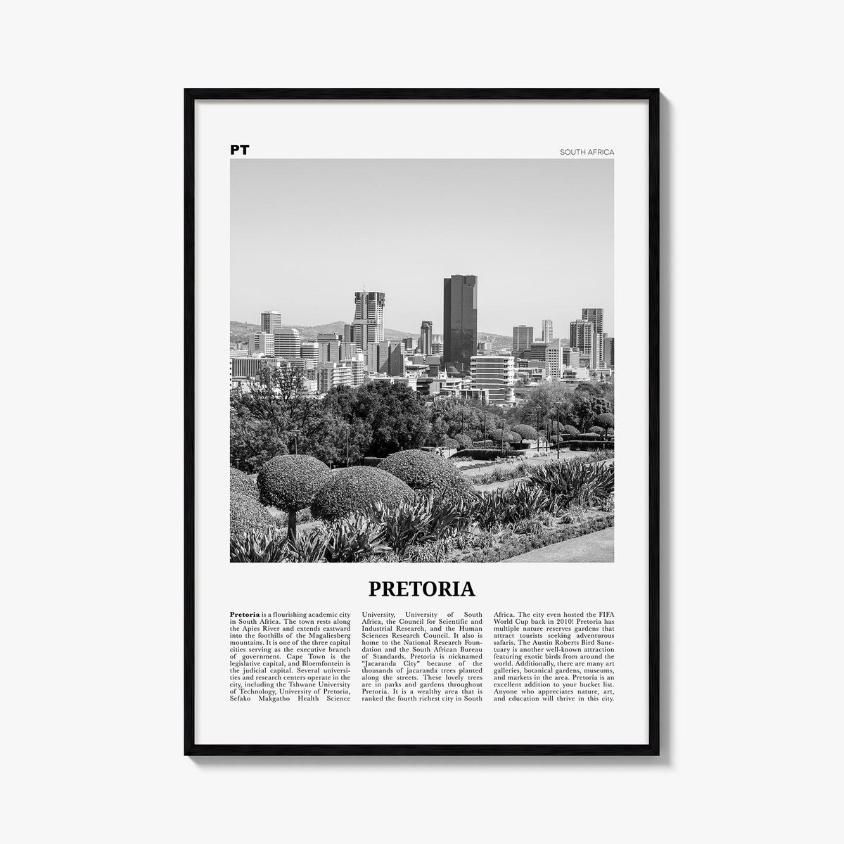 Pretoria black & white newspaper poster of South Africa – vertical wall art, unframed print shown in interior mockup