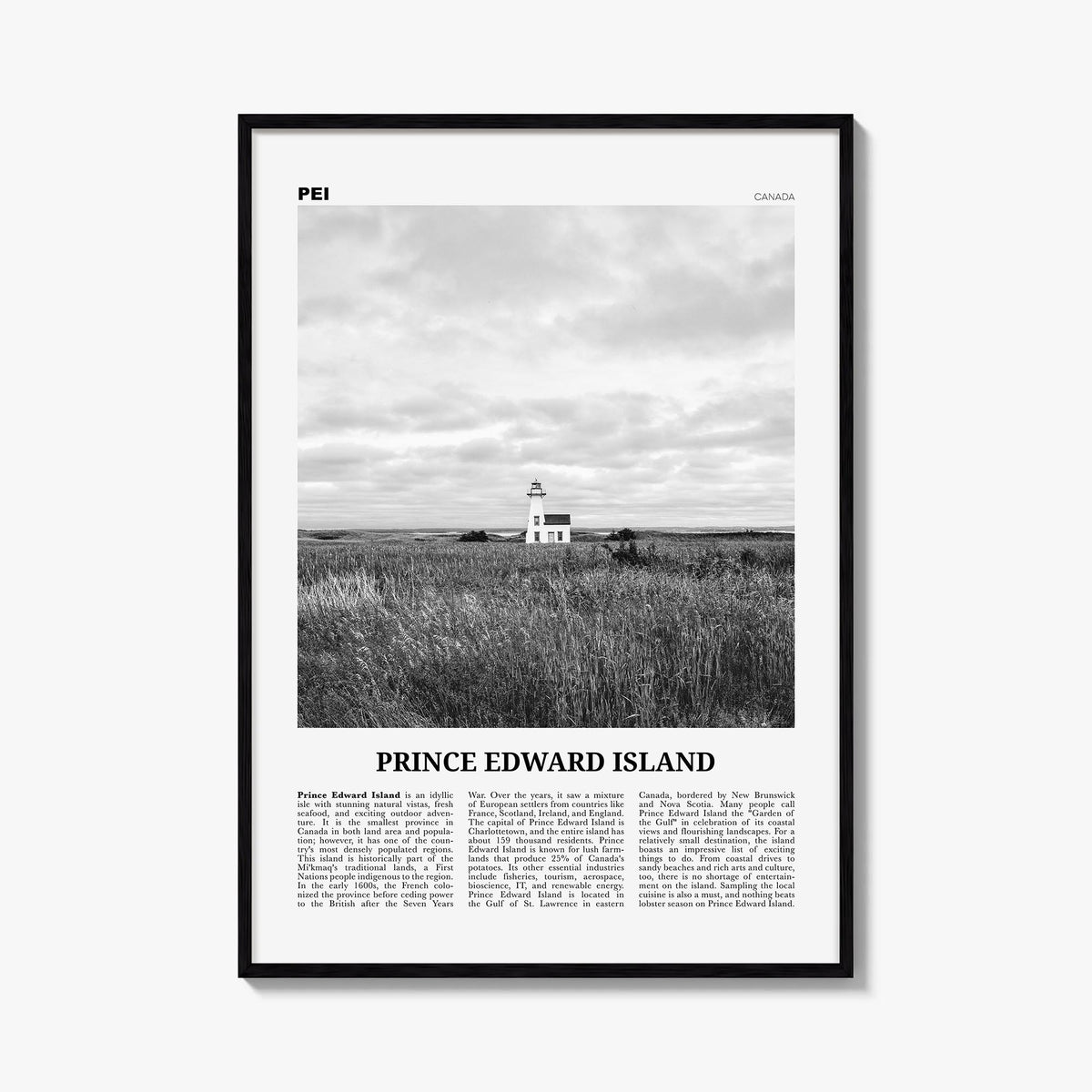 Prince Edward Island black & white newspaper poster of Canada – vertical wall art, unframed print shown in interior mockup