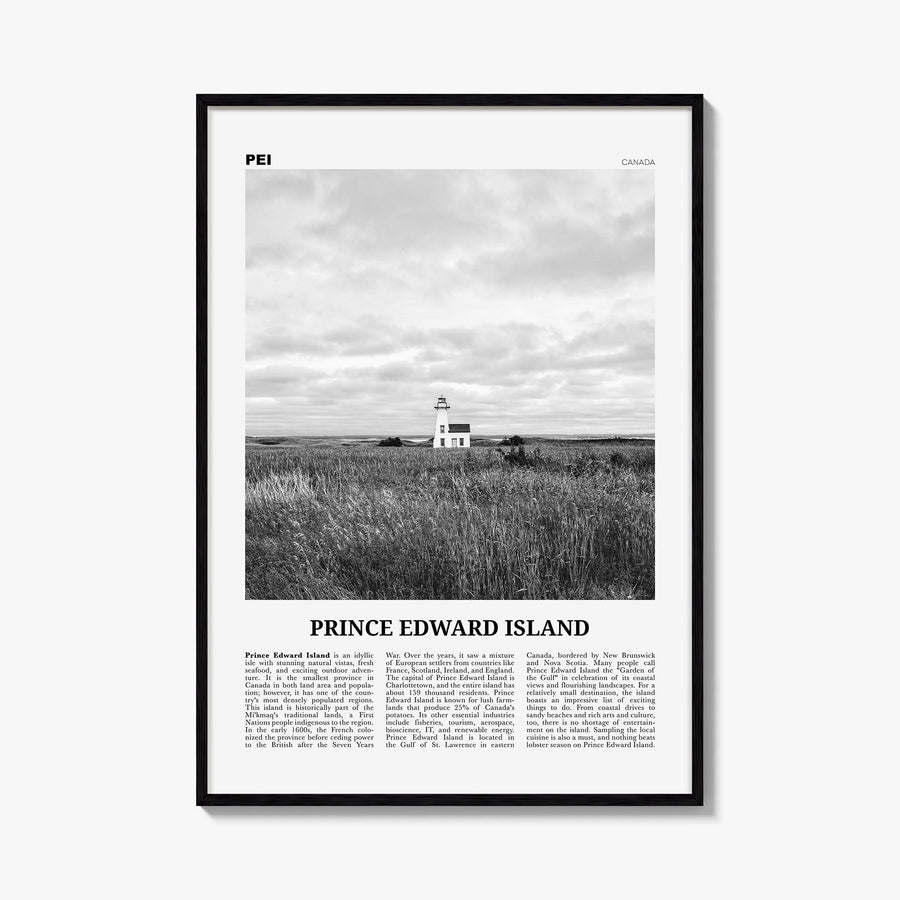 Prince Edward Island black & white newspaper poster of Canada – vertical wall art, unframed print shown in interior mockup