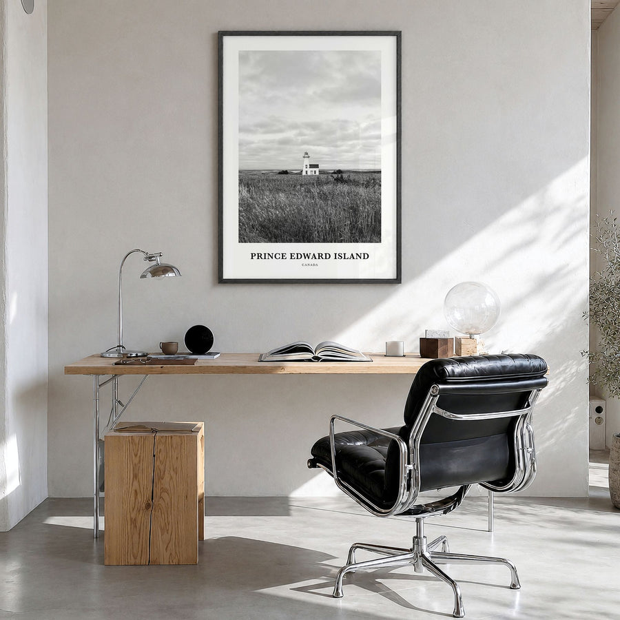 Prince Edward Island Classic Poster in a black wood frame, hanging in a bright home office