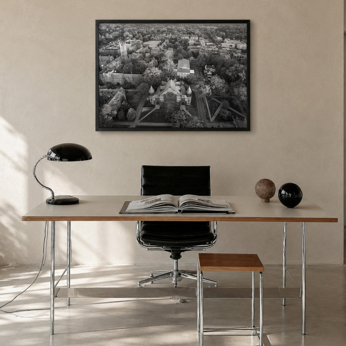 Princeton black & white photo poster of New Jersey, USA – horizontal wall art in black wood frame, hanging on wall