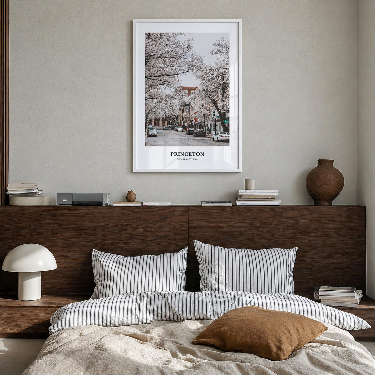 Princeton colorful classic poster of New Jersey, USA – vertical wall art in white wood frame, hanging on wall