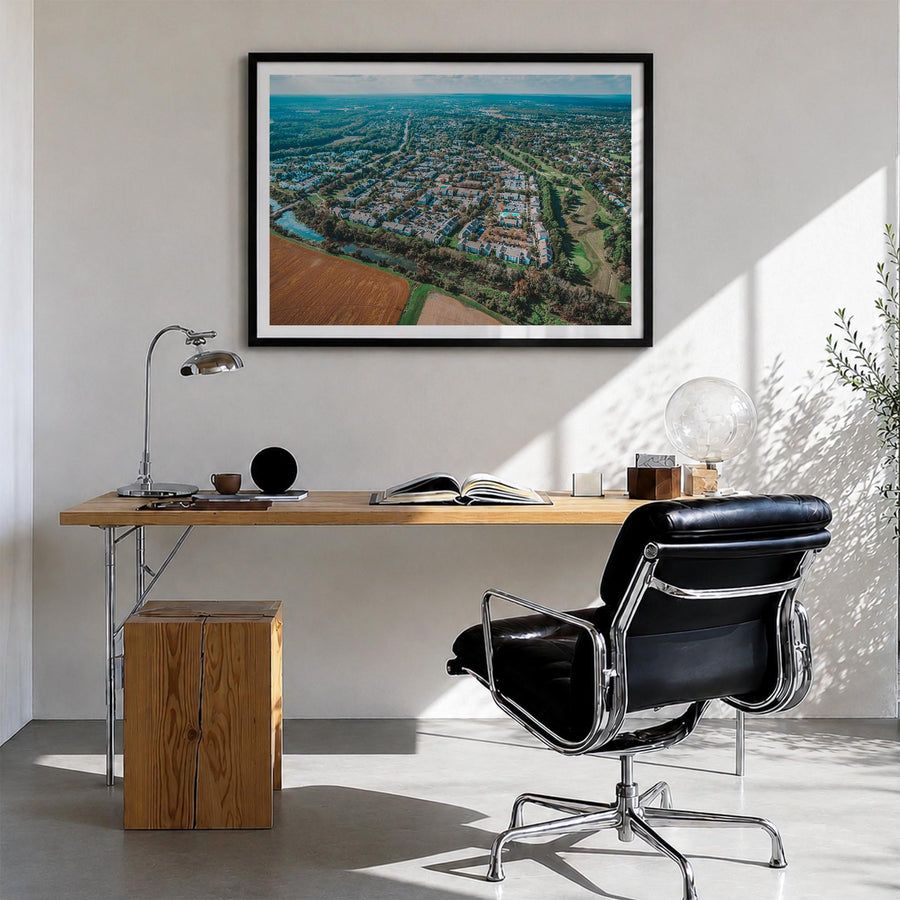 Princeton colorful photo poster of New Jersey, USA – horizontal wall art in black wood frame with white border, hanging on wa