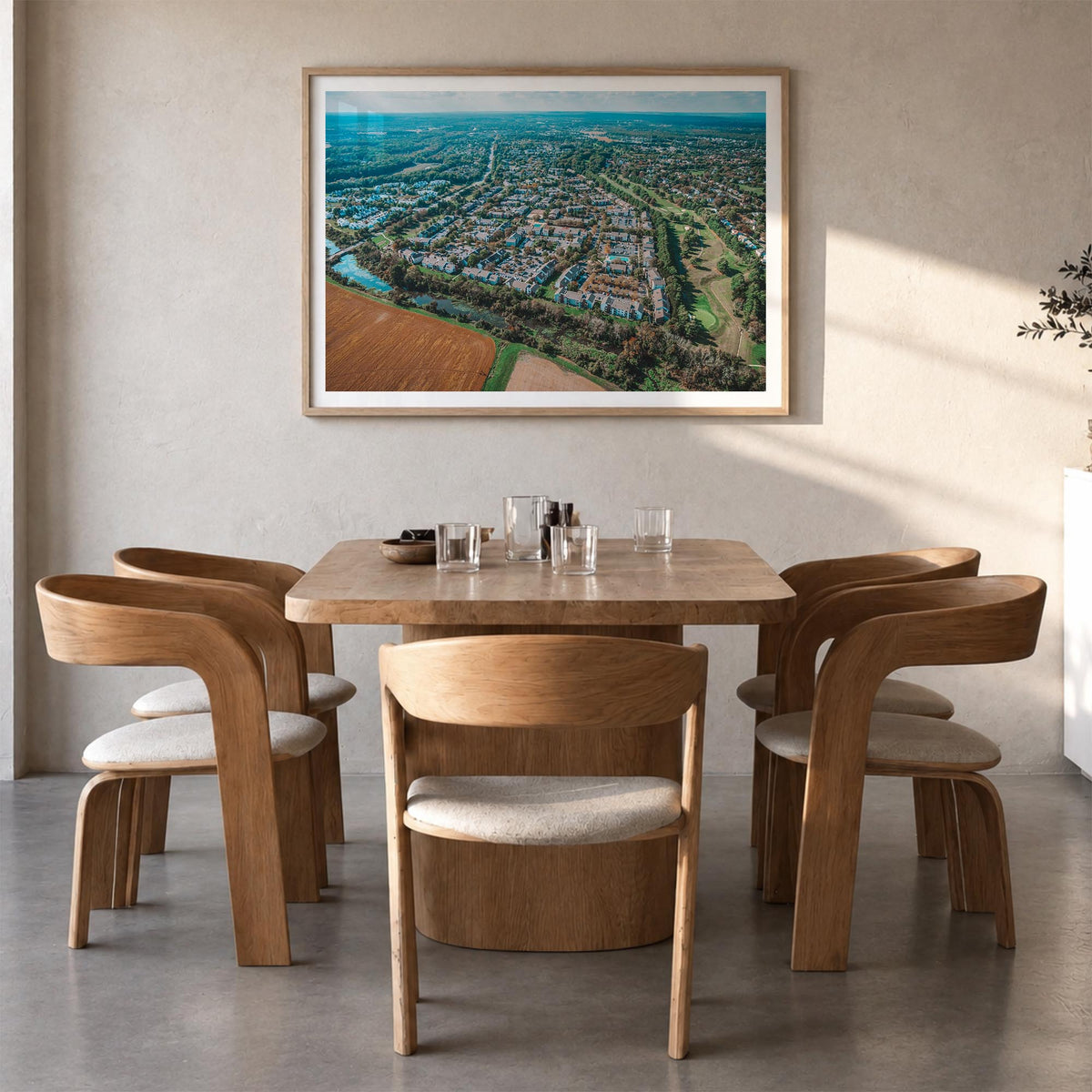 Princeton colorful photo poster of New Jersey, USA – horizontal wall art in natural wood frame with white border, hanging on 
