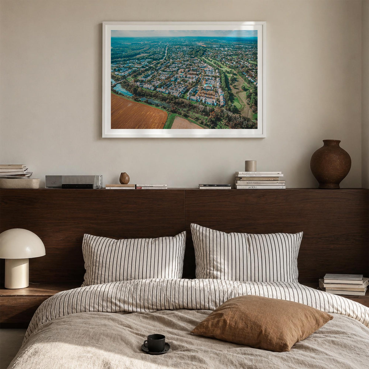 Princeton colorful photo poster of New Jersey, USA – horizontal wall art in white wood frame with white border, hanging on wa