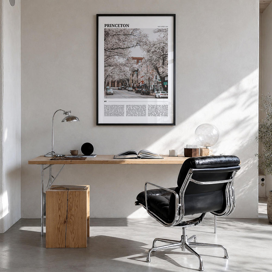 Princeton colorful travel poster of New Jersey, USA – vertical wall art in black wood frame, hanging on wall