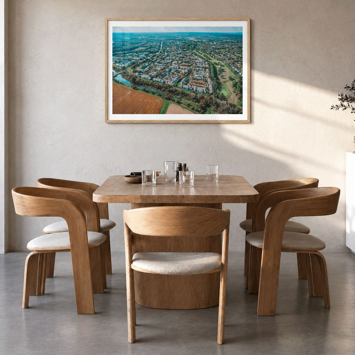 Princeton Photo Poster in a natural wood frame, hanging in a dining room, white border