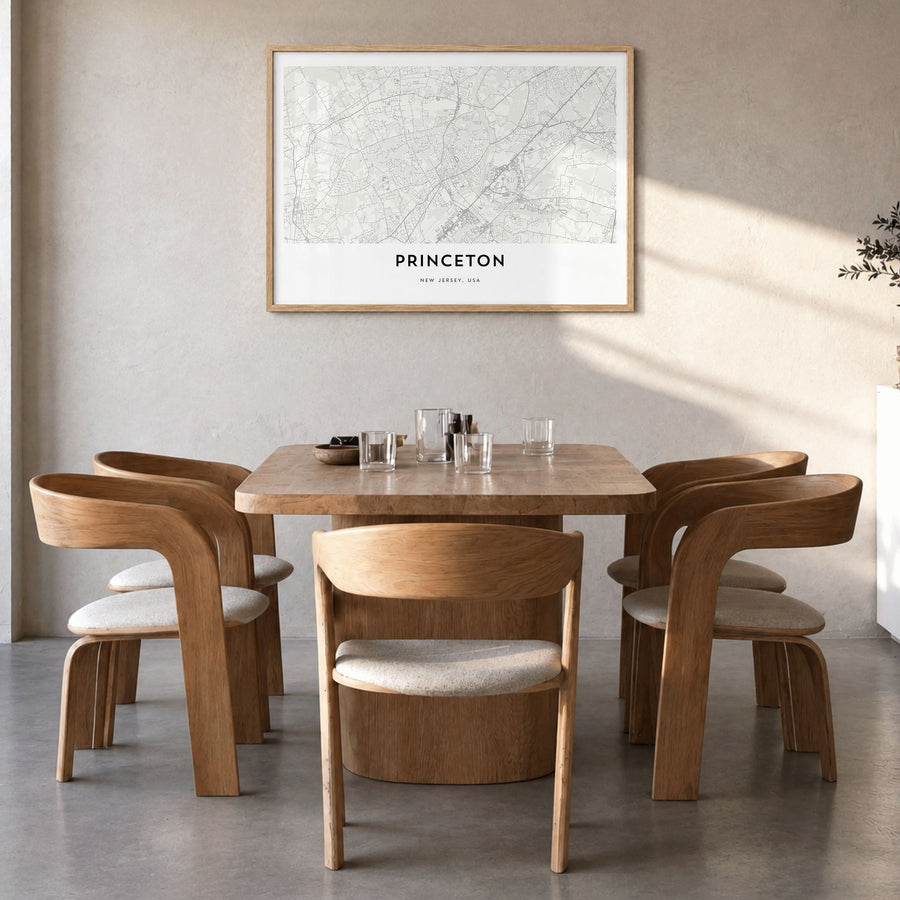 Princeton Map Poster in a natural wood frame, hanging in a dining room
