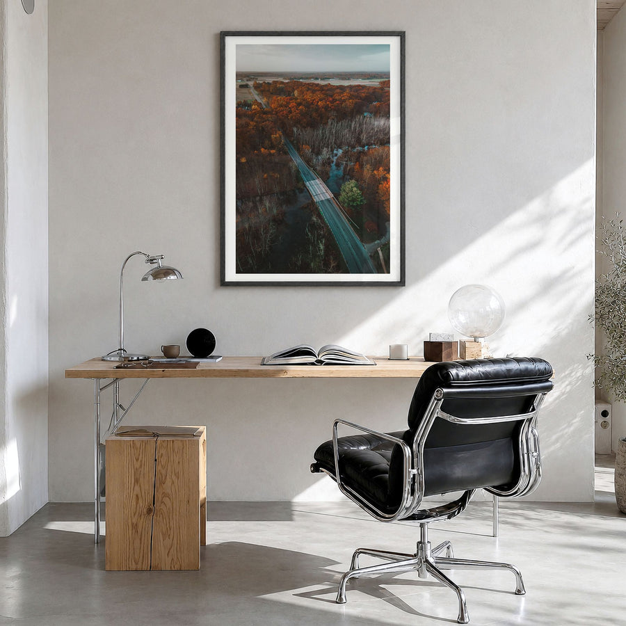 Princeton Photo No 2 Poster in a black wood frame, hanging in a bright home office, white border