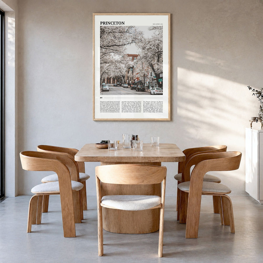 Princeton Travel Poster in a natural wood frame, hanging in a dining room