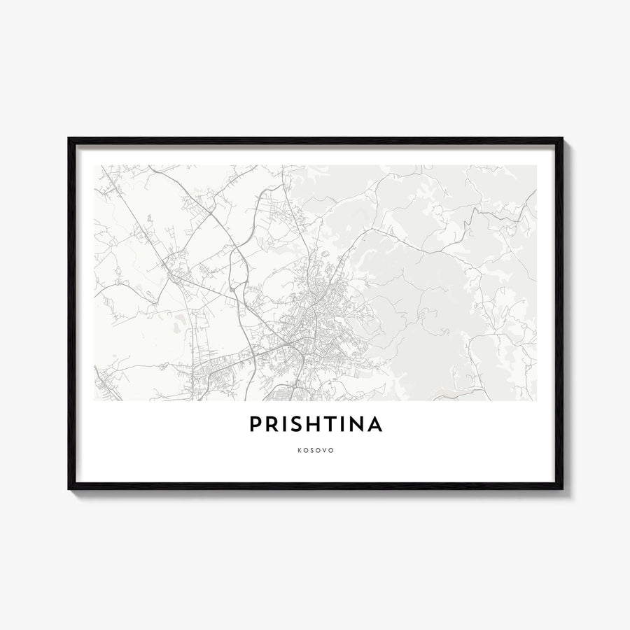 Pristina black & white map poster of Kosovo – horizontal wall art, unframed print shown in interior mockup