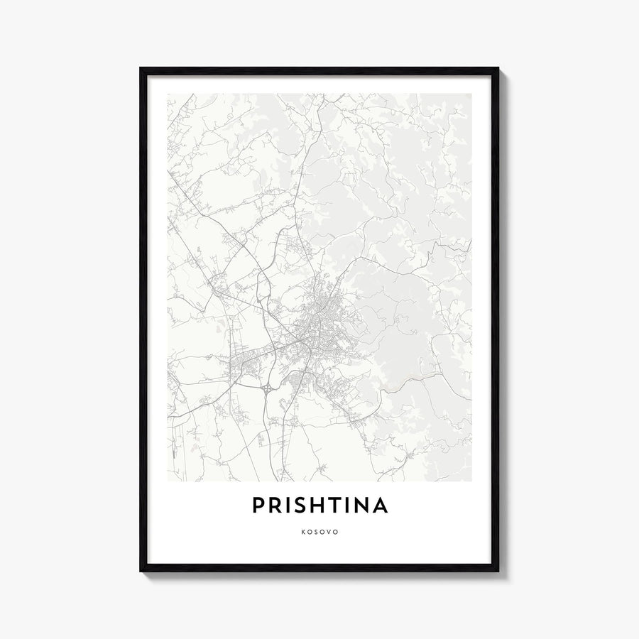 Pristina black & white map poster of Kosovo – vertical wall art, unframed print shown in interior mockup