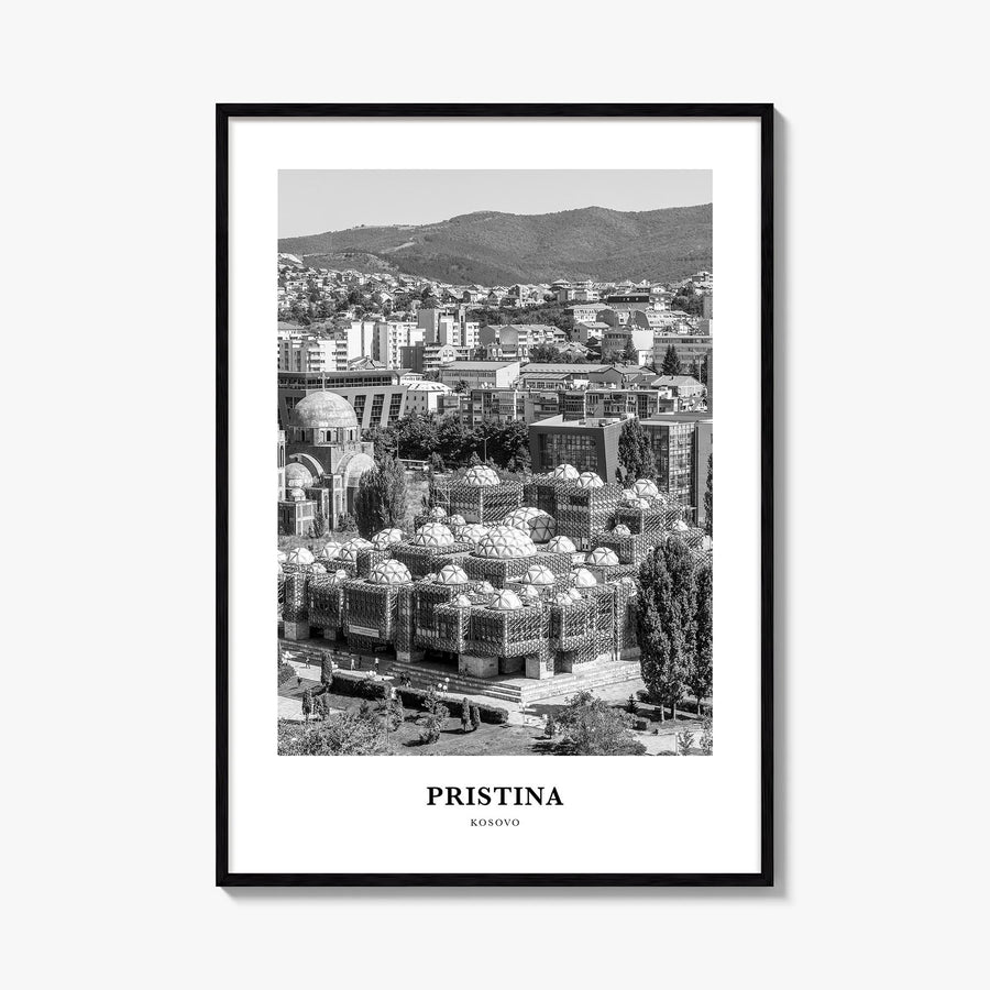Pristina black & white classic poster of Kosovo – vertical wall art, unframed print shown in interior mockup