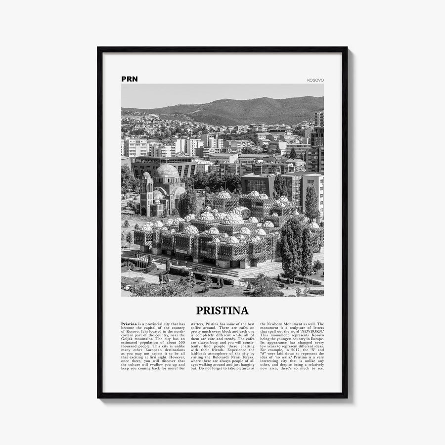 Pristina black & white newspaper poster of Kosovo – vertical wall art, unframed print shown in interior mockup