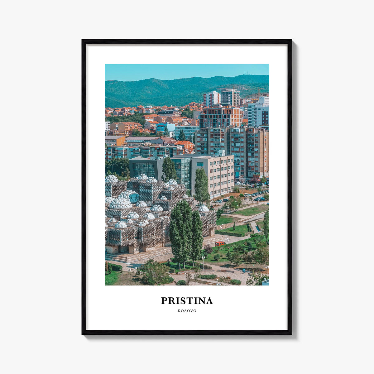 Pristina colorful classic poster of Kosovo – vertical wall art, unframed print shown in interior mockup