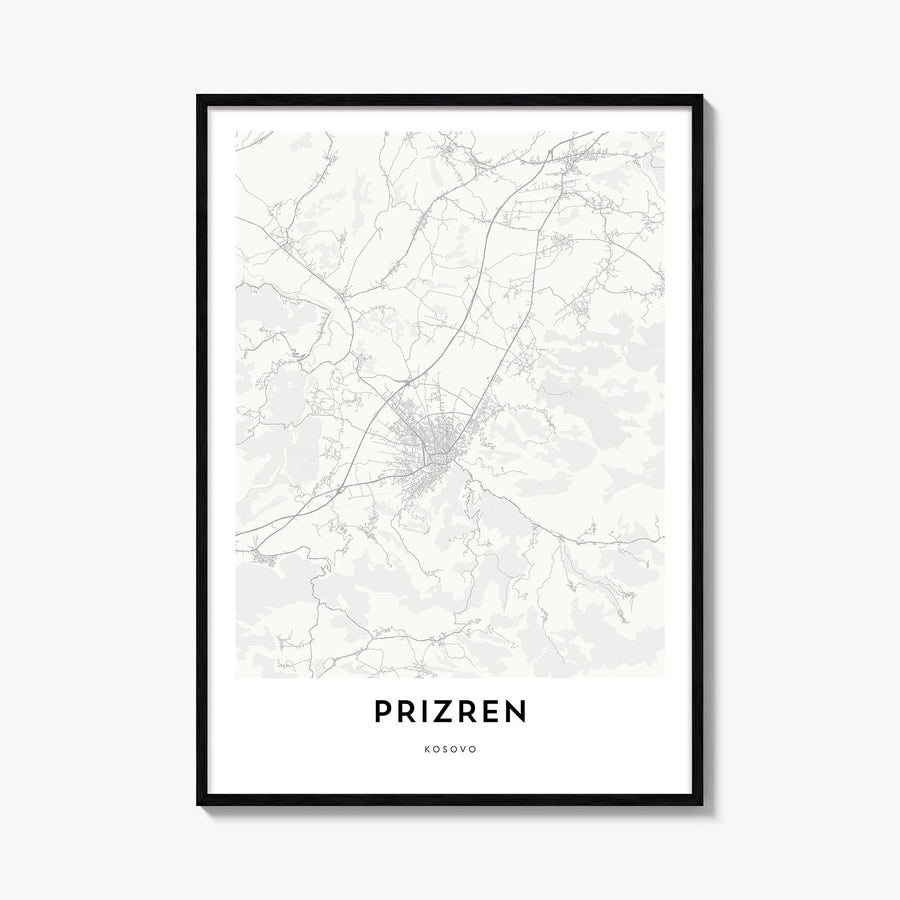 Prizren black & white map poster of Kosovo – vertical wall art, unframed print shown in interior mockup