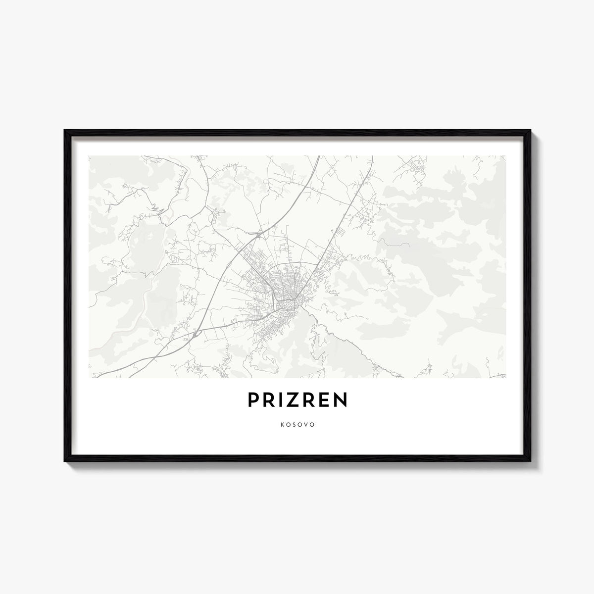 Prizren black & white map poster of Kosovo – horizontal wall art, unframed print shown in interior mockup