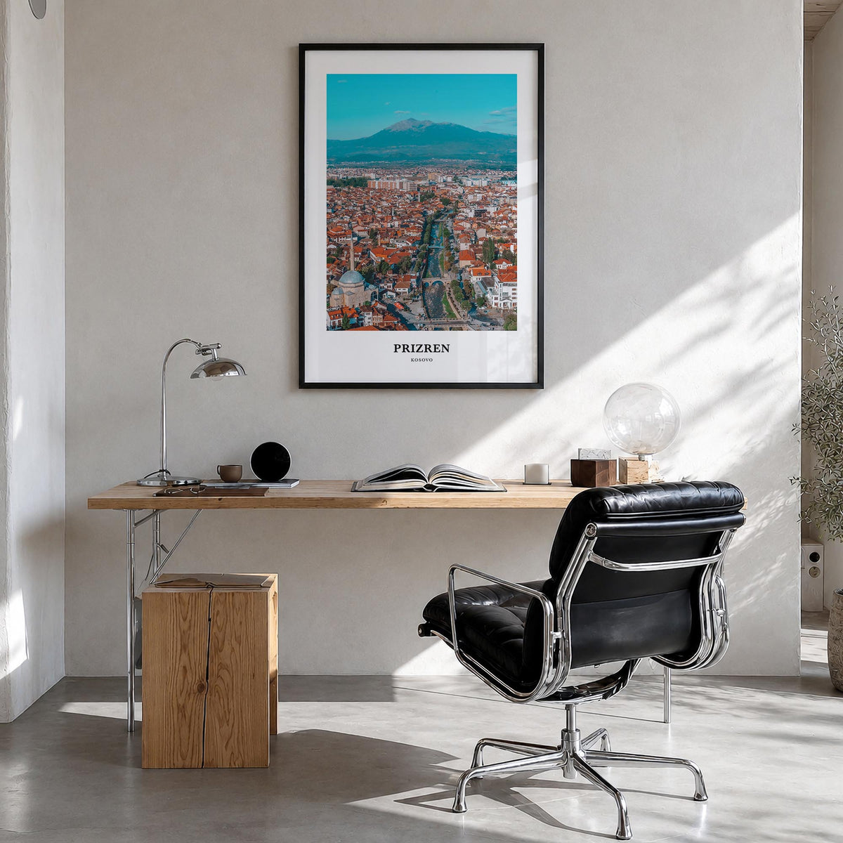 Prizren no. 1 colorful classic poster of Kosovo – vertical wall art in black wood frame, hanging on wall