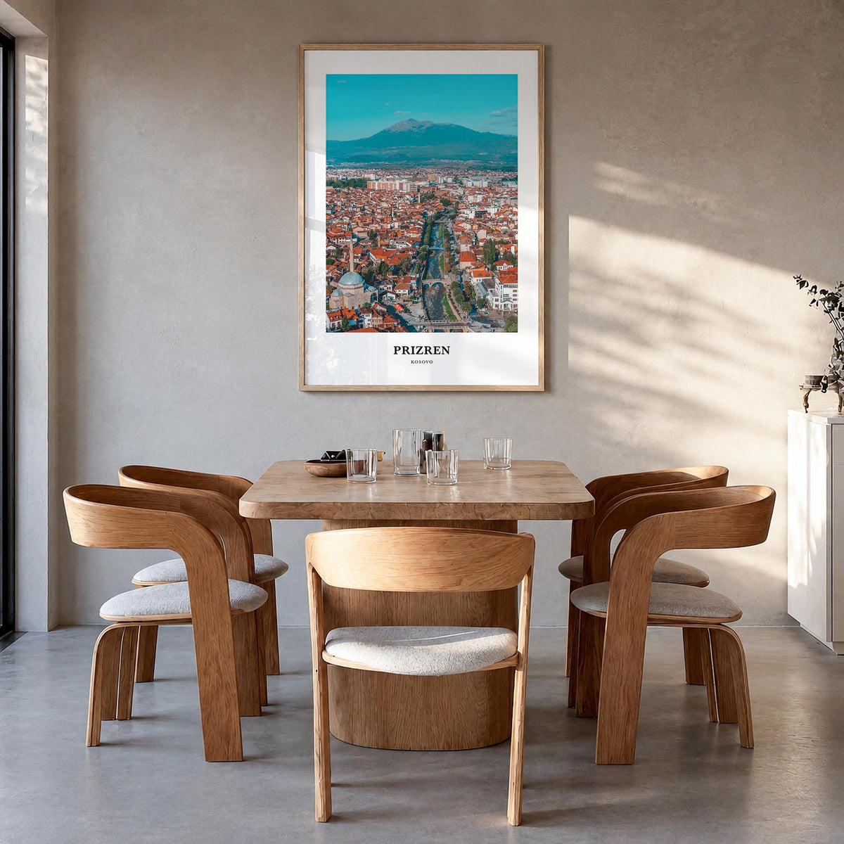 Prizren no. 1 colorful classic poster of Kosovo – vertical wall art in natural wood frame, hanging on wall