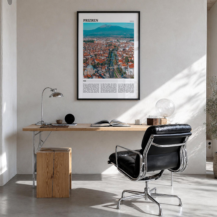 Prizren no. 1 colorful travel poster of Kosovo – vertical wall art in black wood frame, hanging on wall