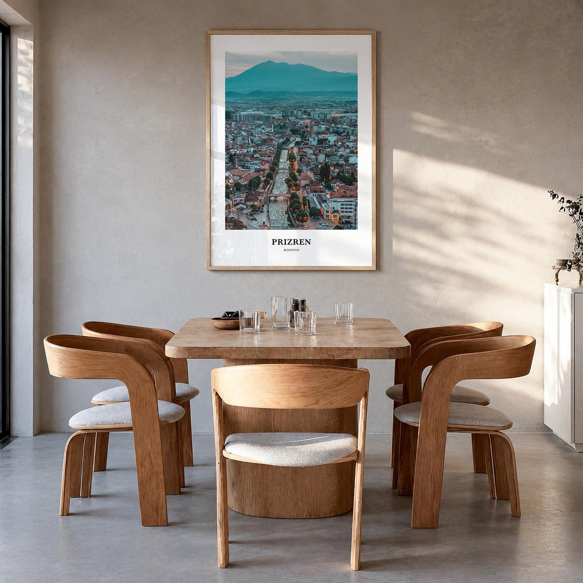 Prizren no. 2 colorful classic poster of Kosovo – vertical wall art in natural wood frame, hanging on wall