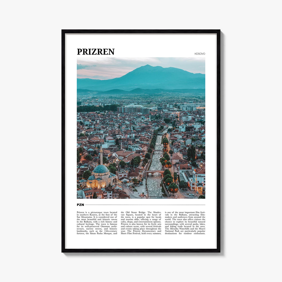 Prizren no. 2 colorful travel poster of Kosovo – vertical wall art, unframed print shown in interior mockup