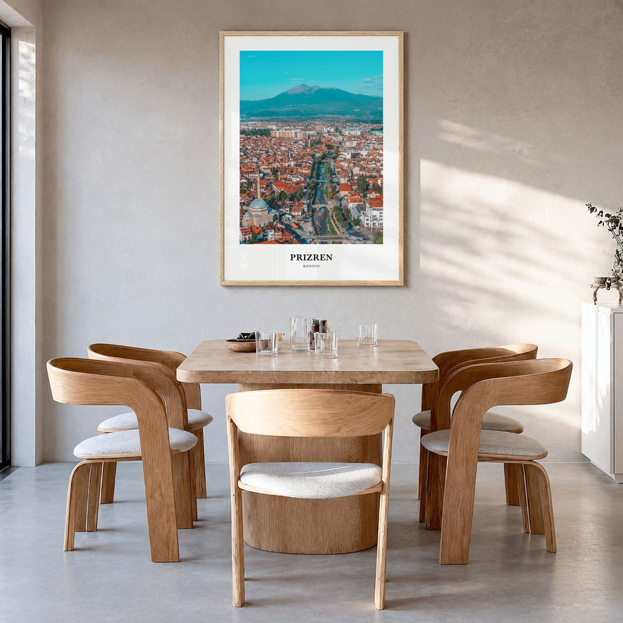 Prizren Classic No 1 Poster in a natural wood frame, hanging in a dining room