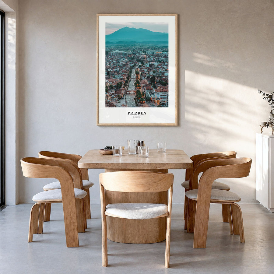 Prizren Classic No 2 Poster in a natural wood frame, hanging in a dining room