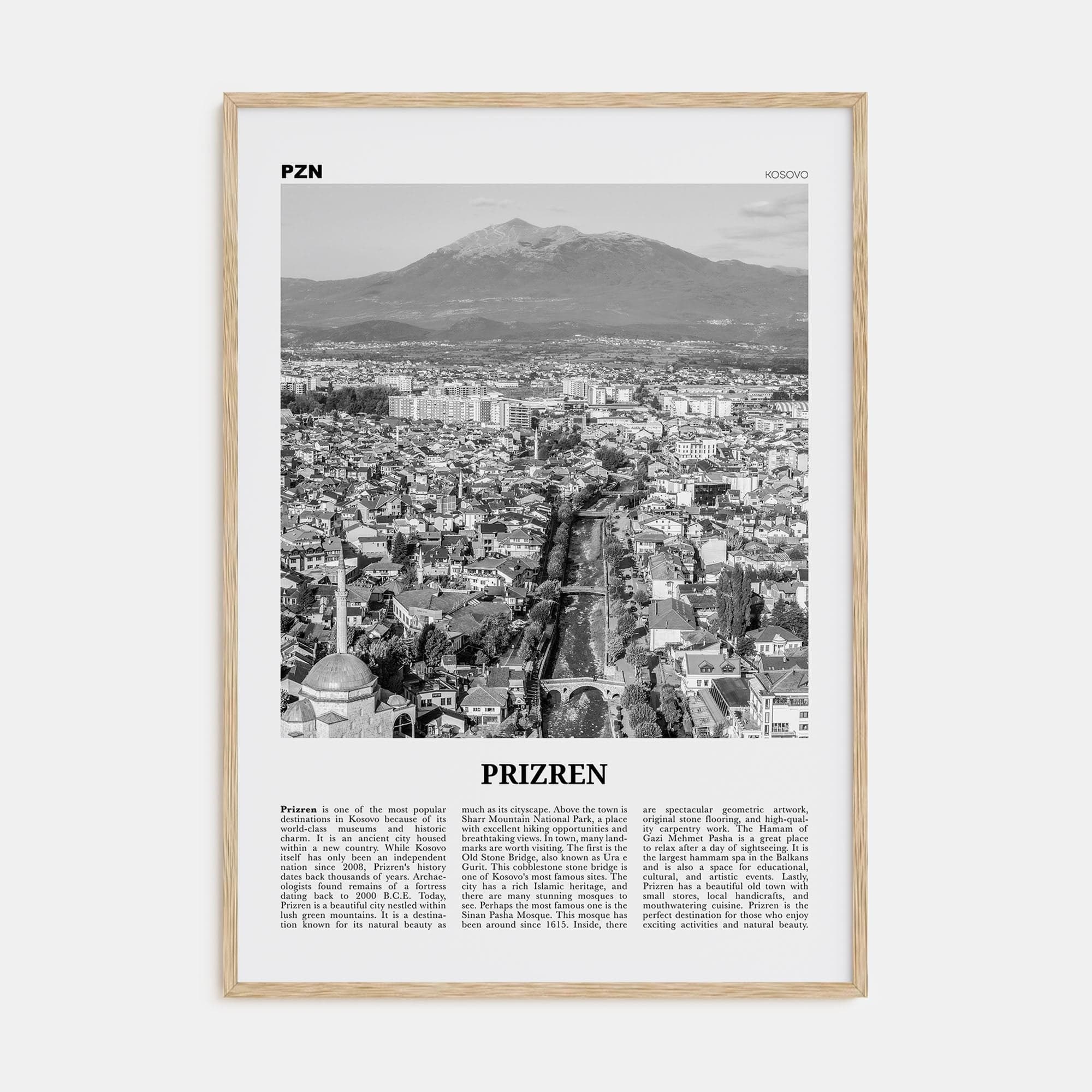 Prizren Poster Natural Wood / 8x12 in Nbourhood Travel B&W Poster