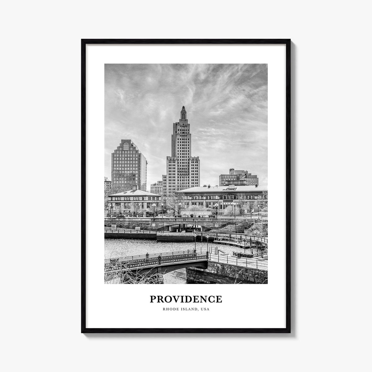 Providence black & white classic poster of Rhode Island, USA – vertical wall art, unframed print shown in interior mockup