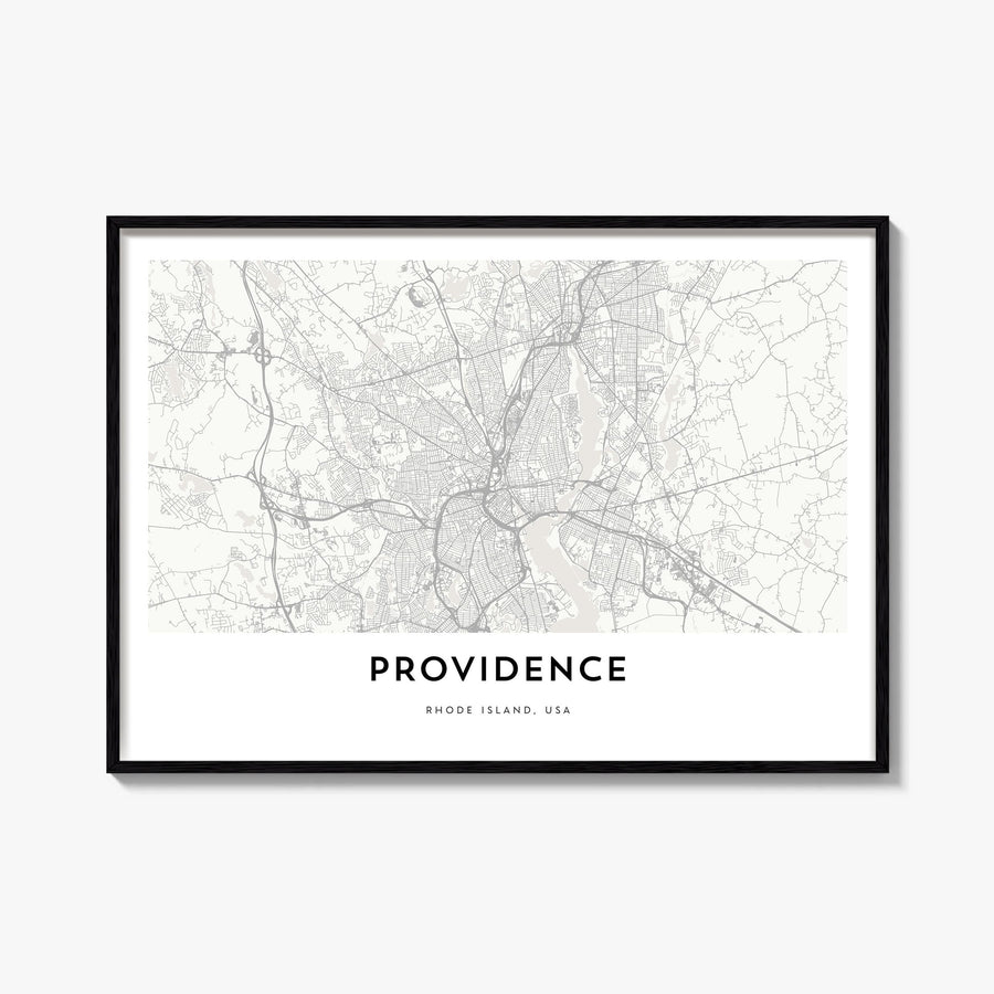 Providence black & white map poster of Rhode Island, USA – horizontal wall art, unframed print shown in interior mockup