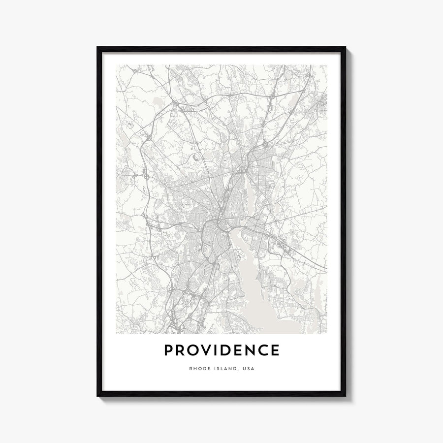 Providence black & white map poster of Rhode Island, USA – vertical wall art, unframed print shown in interior mockup