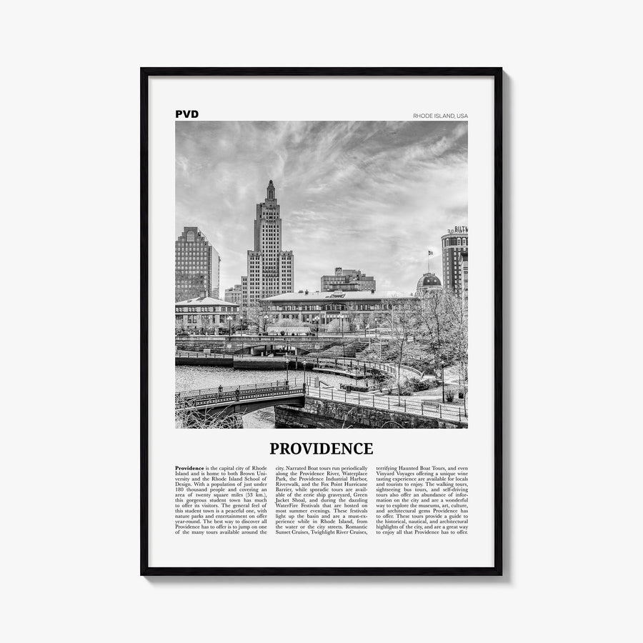 Providence black & white newspaper poster of Rhode Island, USA – vertical wall art, unframed print shown in interior mockup
