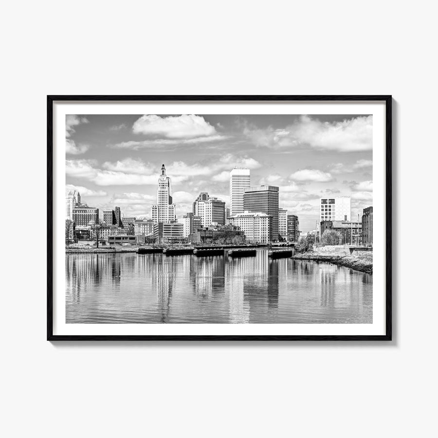 Providence black & white photo poster of Rhode Island, USA – horizontal wall art, unframed print shown in interior mockup