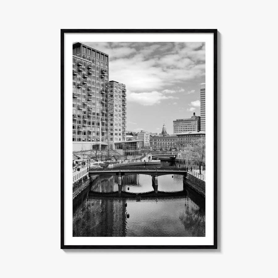 Providence black & white photo poster of Rhode Island, USA – vertical wall art, unframed print shown in interior mockup