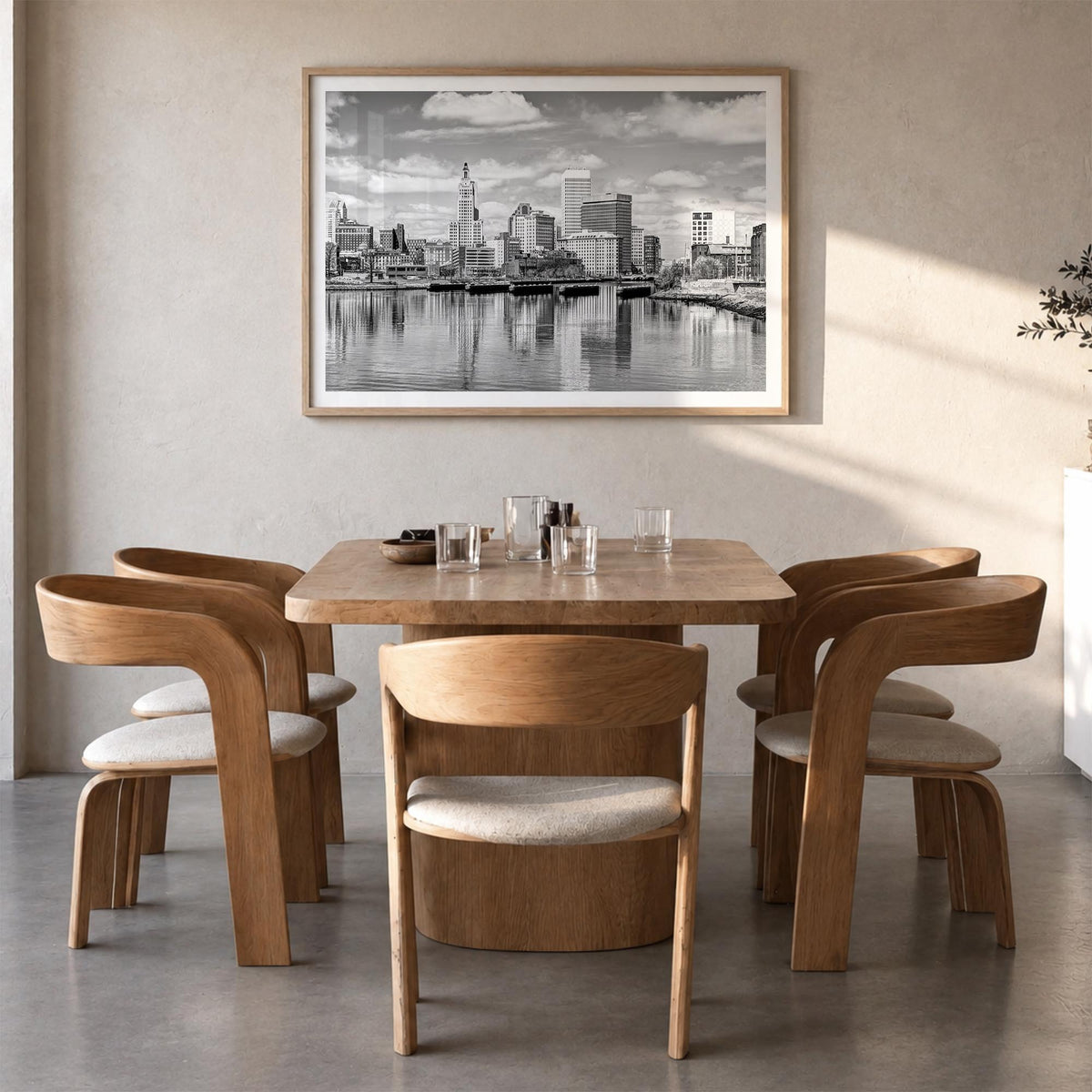 Providence black & white photo poster of Rhode Island, USA – horizontal wall art in natural wood frame with white border, han