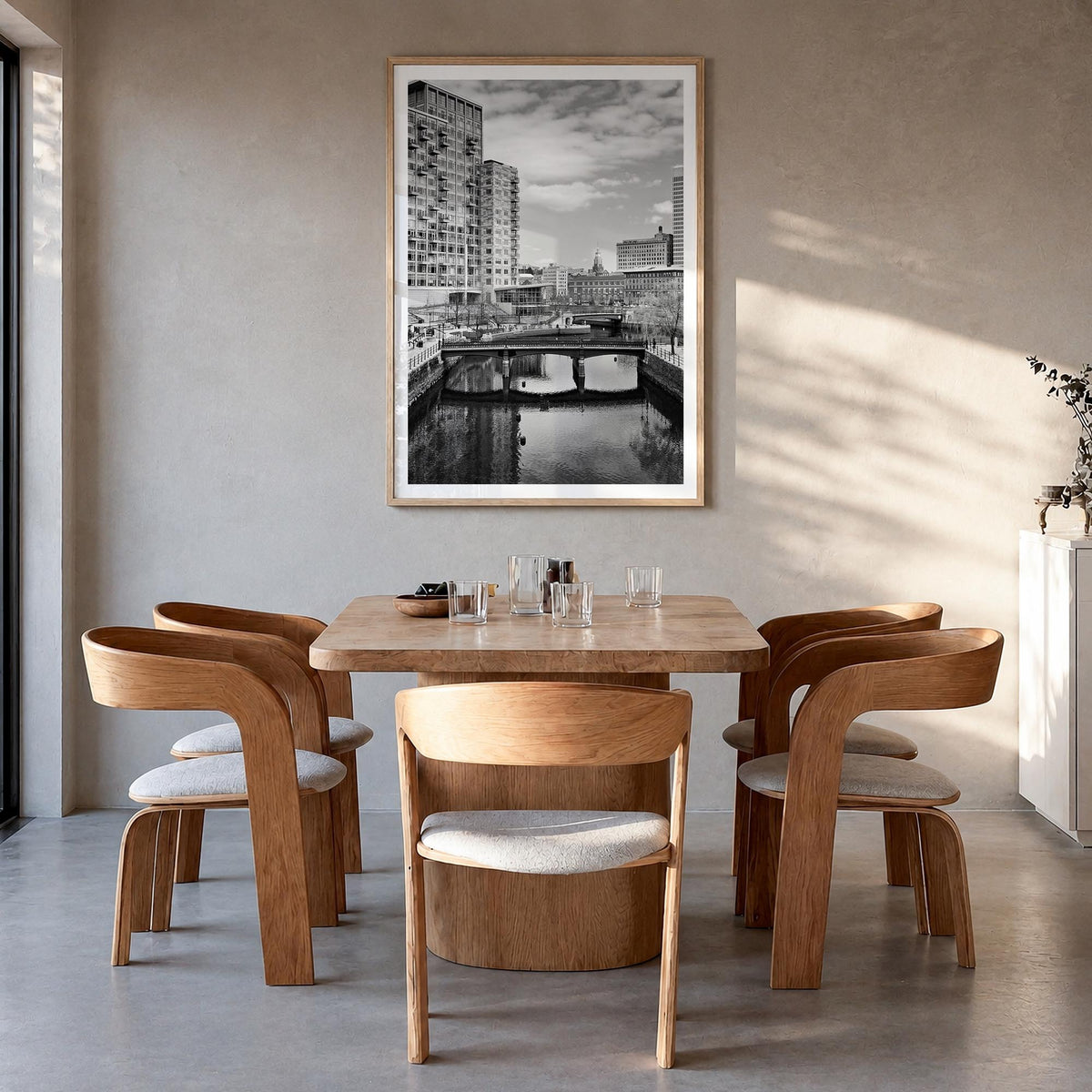 Providence black & white photo poster of Rhode Island, USA – vertical wall art in natural wood frame with white border, hangi