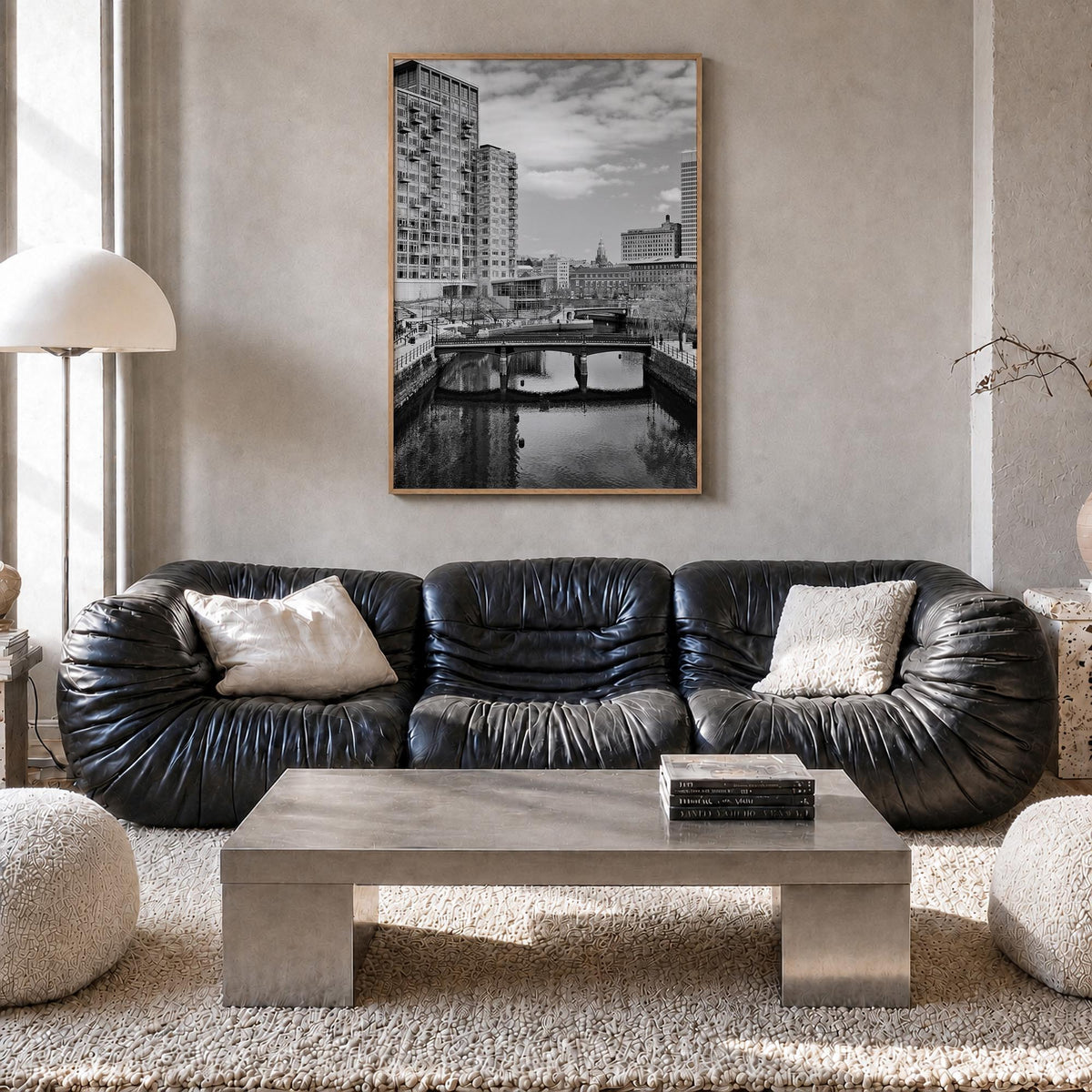 Providence black & white photo poster of Rhode Island, USA – vertical wall art in natural wood frame, hanging on wall