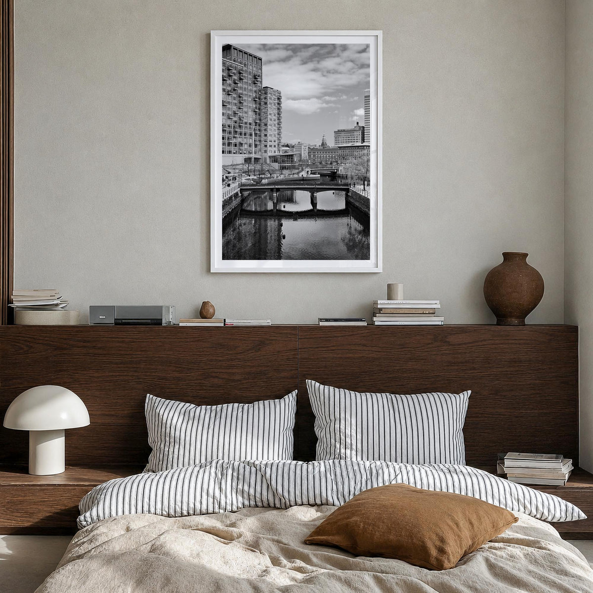 Providence black & white photo poster of Rhode Island, USA – vertical wall art in white wood frame with white border, hanging