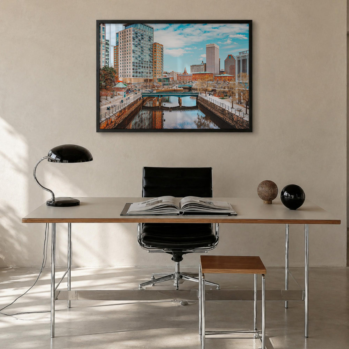 Providence colorful photo poster of Rhode Island, USA – horizontal wall art in black wood frame, hanging on wall