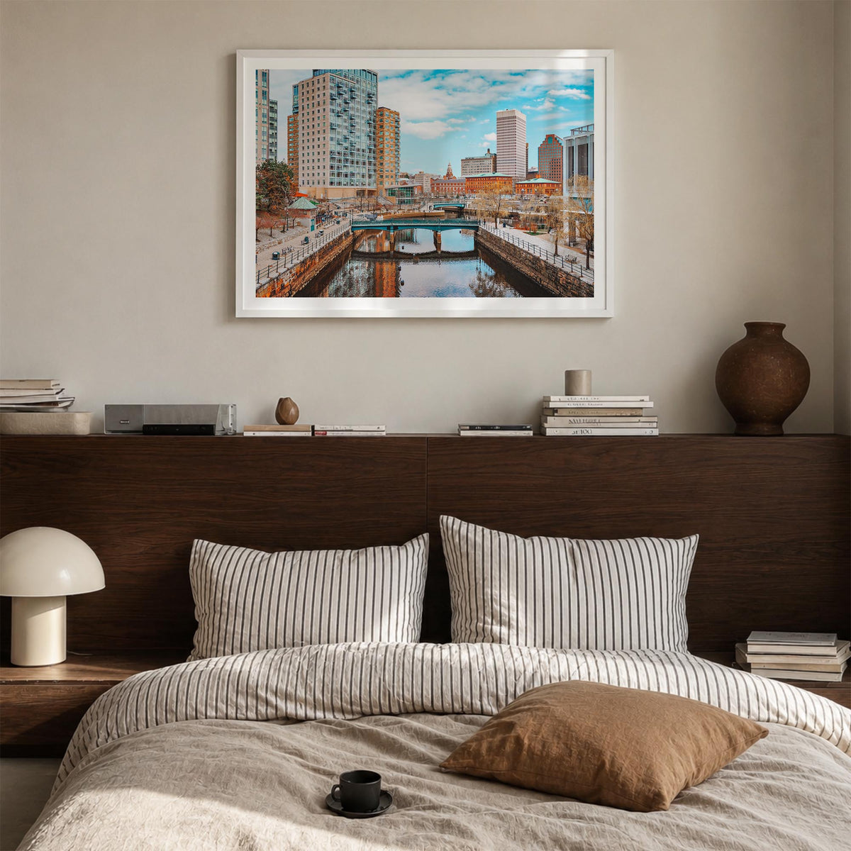 Providence colorful photo poster of Rhode Island, USA – horizontal wall art in white wood frame with white border, hanging on