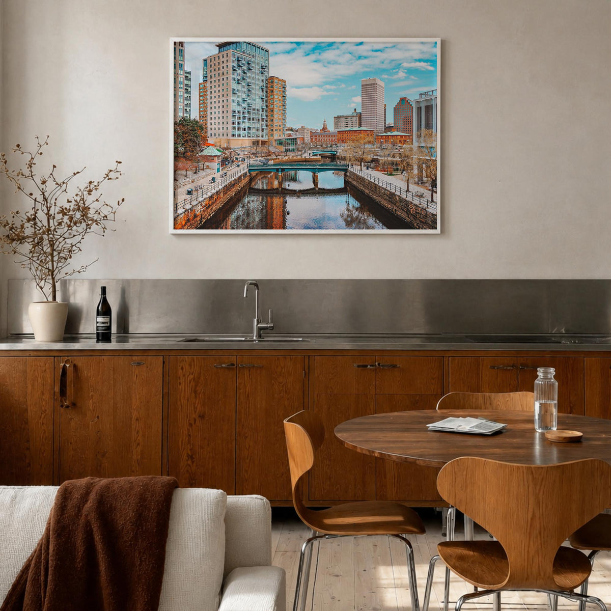 Providence colorful photo poster of Rhode Island, USA – horizontal wall art in white wood frame, hanging on wall