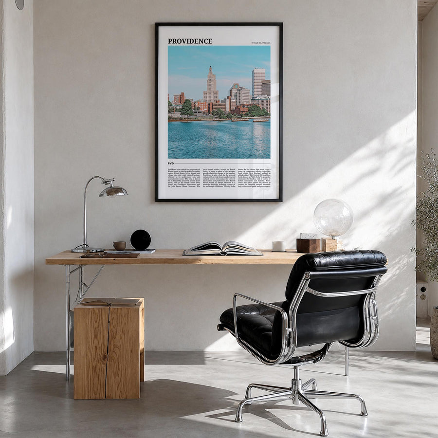 Providence colorful travel poster of Rhode Island, USA – vertical wall art in black wood frame, hanging on wall