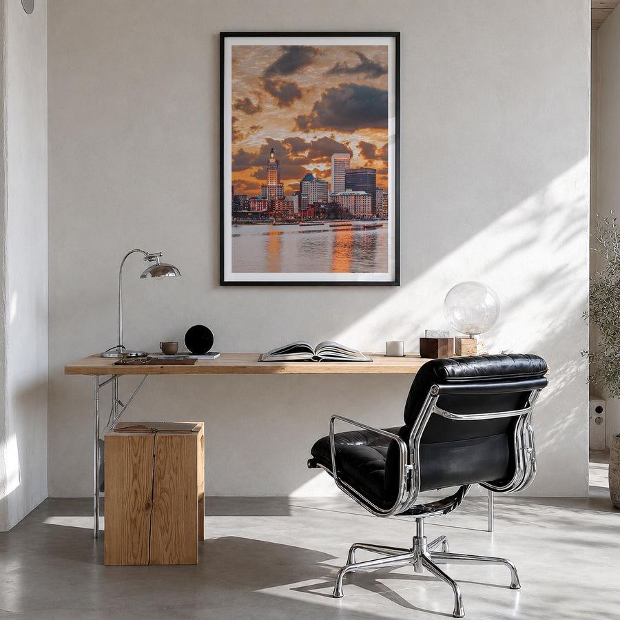 Providence no. 2 colorful photo poster of Rhode Island, USA – vertical wall art in black wood frame with white border, hangin